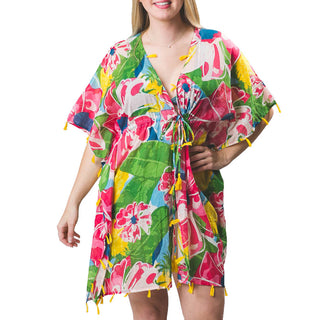 Cover-up with floral pattern and tassels around the hem