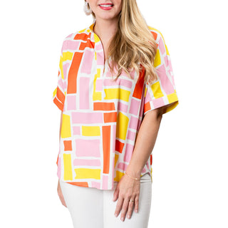 cotton tunic in coral and pink sea coral print with 3/4 sleeves