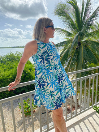 sophia wing dress in blue and green palm print