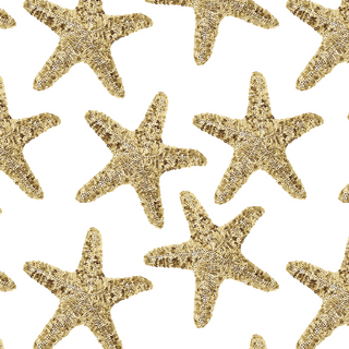 Costal inspired fabric featuring navy starfish and turquoise coral patterns on a cream background