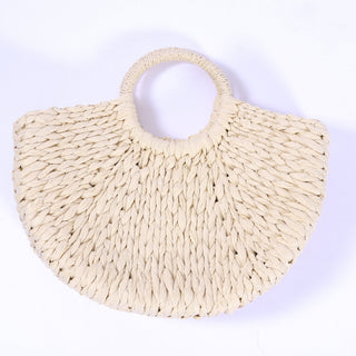 cream woven half circle handbag