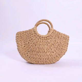 Natural colored woven half circle handbag 