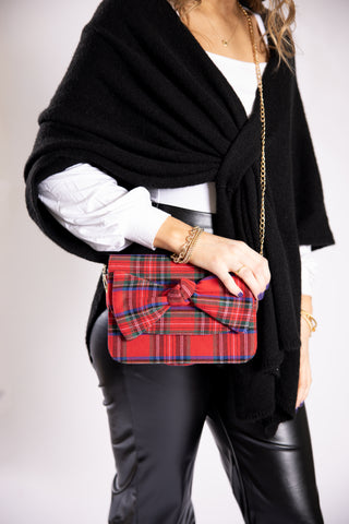 Red tartan plaid handbag with gold 