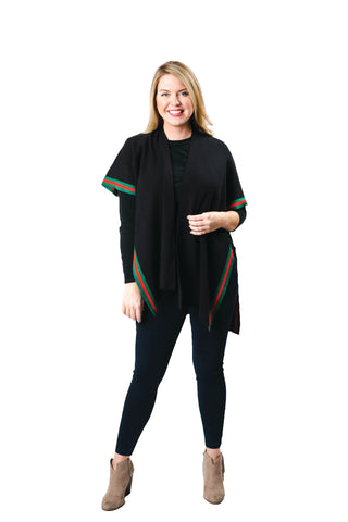 amelia ruana in black with green and red stripes on sides