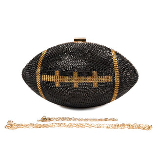 Black sequined football shaped bag with chain straps