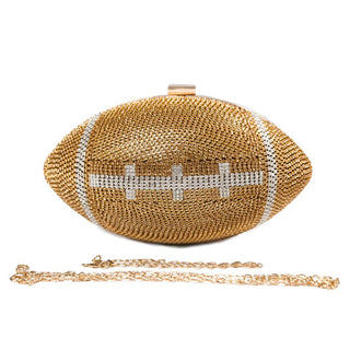 Gold sequined football shaped bag with chain straps