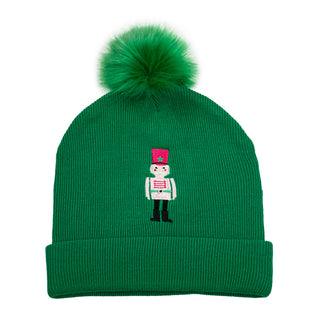 Green knit hat with embroidered nutcracker