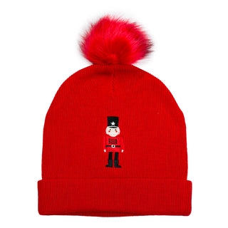 Red knit hat with embroidered nutcracker