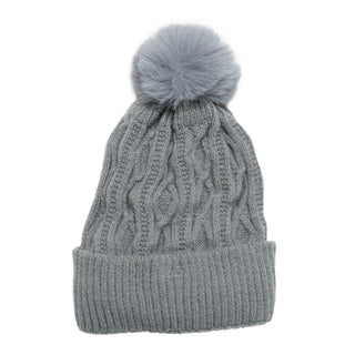 Gray cable knit beanie hat with coordinating pom pom and cream fleece lining.