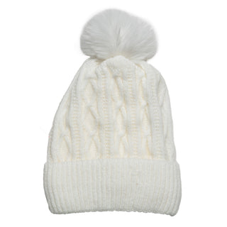 Marshmallow cable knit beanie hat with coordinating pom pom and cream fleece lining.