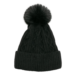 Black cable knit beanie hat with coordinating pom pom and cream fleece lining.