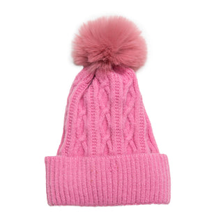 Pink cable knit beanie hat with coordinating pom pom and cream fleece lining.