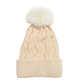 Sand cable knit beanie hat with coordinating pom pom and cream fleece lining.