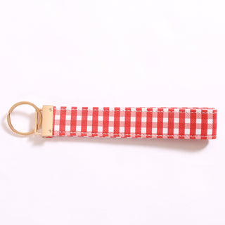 Red and white gingham keychain with gold key ring 