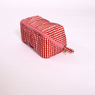 Maroon gingham glam makeup and toiletry bag with zipper – chic and functional.