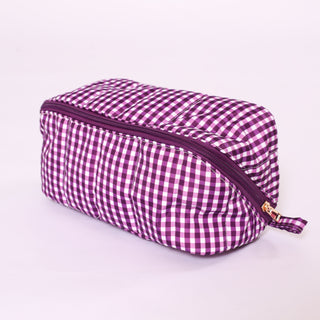 Purple and white gingham fold flat toiletry bag with  zipper