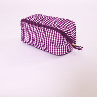 Purple gingham glam bag with zipper top – perfect for gameday or travel.