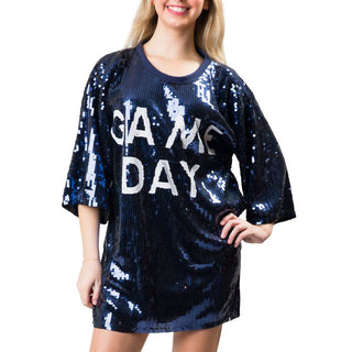 Navy sequined dress with Game Day in white sequins