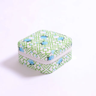 Jewelry travel case featuring hydrangea floral print in blue and green.