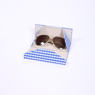 Sunglasses in a blue and white gingham  printed box