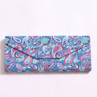 Multicolor paisley printed sunglasses case that is folded flat