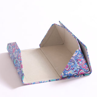 open view of blue and multi color paisley printed foldable glasses case 