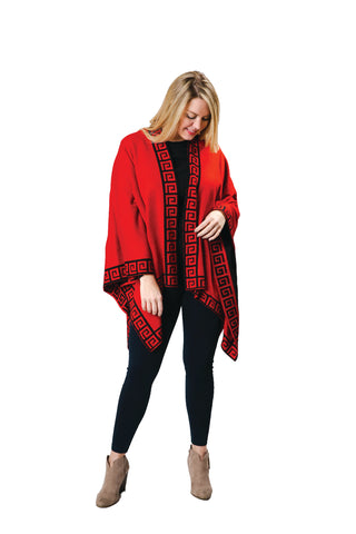 Red Raven Ruana with black Greek key trim