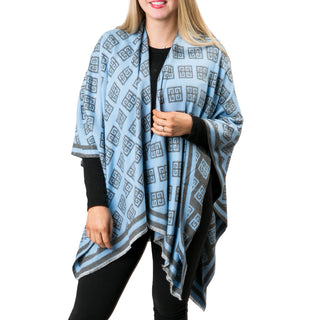 Light blue and grey reversible Greek key print ruana in buttery soft cashmere-like knit