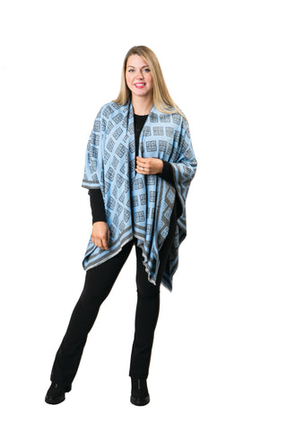 Light blue and grey reversible Greek key print ruana in buttery soft cashmere-like knit