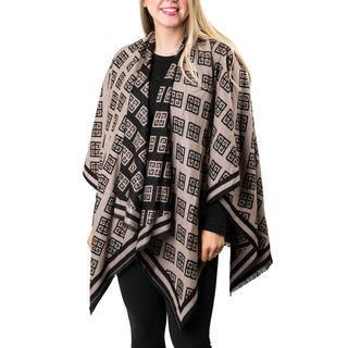 Camel and black reversible Greek key print ruana in buttery soft cashmere-like knit