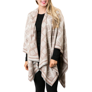 Cream and camel reversible Greek key print ruana in buttery soft cashmere-like knit