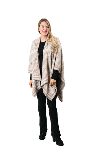 Camel and cream reversible Greek key print ruana in buttery soft cashmere-like knit
