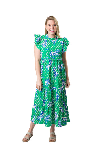 Green with blue tigers multi-tiered dress with back button, ruffle neck and ruffle short sleeve