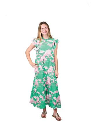 Green and pink pagoda print multi-tiered dress with back button, ruffle neck and ruffle short sleeve