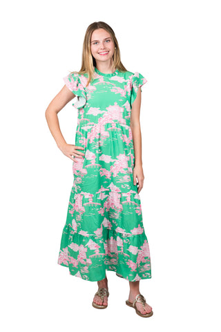 women wearing ling green dress with pink design