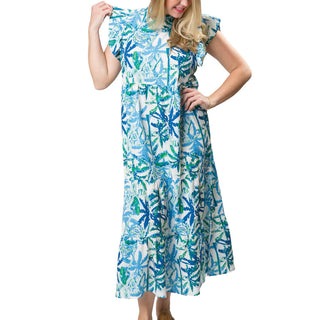 Green and Blue Palm Tree print multi-tiered dress with back button, ruffle neck and ruffle short sleeve