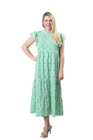 Green Damask print multi-tiered dress with back button, ruffle neck and ruffle short sleeve