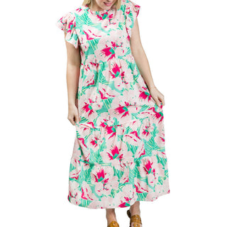 Hibiscus print multi-tiered dress with back button, ruffle neck and ruffle short sleeve