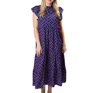 Navy and Pink Diamond print multi-tiered dress with back button, ruffle neck and ruffle short sleeve