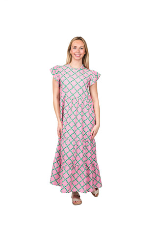 Pink and Green Lattice multi-tiered dress with back button, ruffle neck and ruffle short sleeve