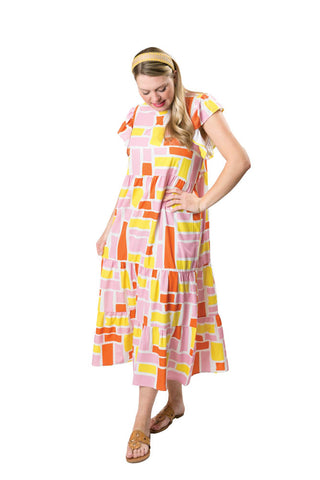 Pink, Orange, and Yellow Block print multi-tiered dress with back button, ruffle neck and ruffle short sleeve