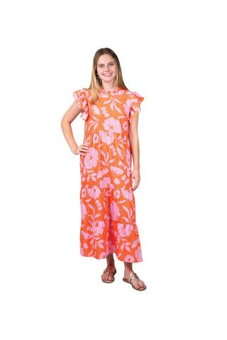 orange with pink flower print multi-tiered dress with back button, ruffle neck and ruffle short sleeve