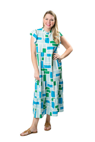 Turquoise, Green, and Blue Blocks print multi-tiered dress with back button, ruffle neck and ruffle short sleeve