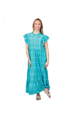 Turquoise and green print multi-tiered dress with back button, ruffle neck and ruffle short sleeve