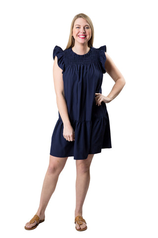 Smocked, tiered dress in navy