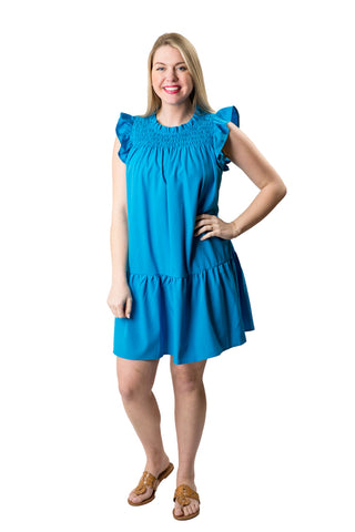 Smocked, tiered dress in opal blue