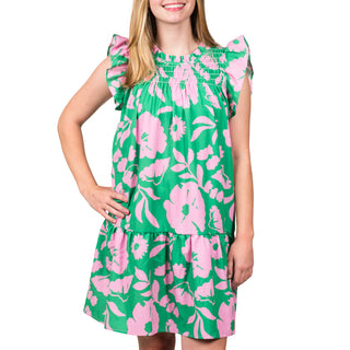 Above the knee dress with cap flutter sleeves, smocked above the chest with pink and green floral