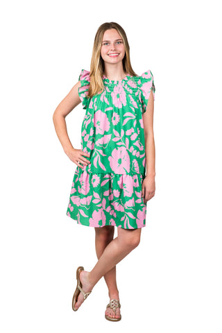 Above the knee dress with cap flutter sleeves, smocked above the chest with pink and green floral