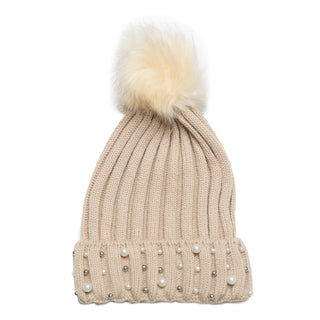 Camel beanie hat with gold bead and Pearl Detail on cuff with coordinating Pom Pom