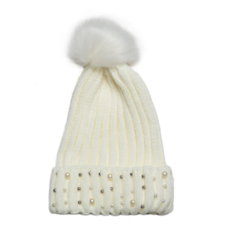 Cream beanie hat with gold bead and Pearl Detail on cuff with coordinating Pom Pom